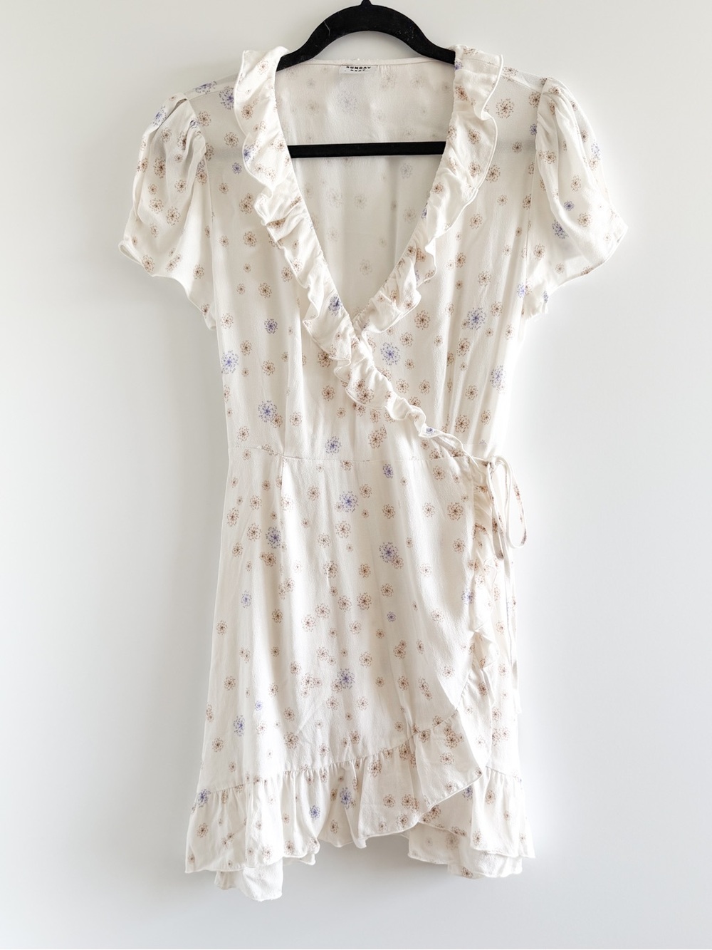 Sunday Best Ivory Wrap Mini Dress with Lavender and Tan Floral Print